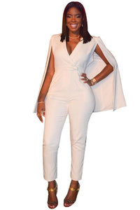 White Deep V Cape Sleeves Slinky Jumpsuit