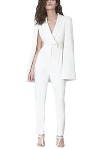 White Deep V Cape Sleeves Slinky Jumpsuit