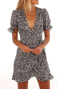 Deep V Neck Floral Printed Short Sleeve Bodycon Dresses