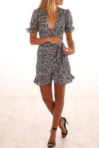 Deep V Neck Floral Printed Short Sleeve Bodycon Dresses