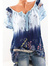Load image into Gallery viewer, Summer  Polyester  Women  Tie Collar  See-Through  Floral Printed  Short Sleeve Blouses