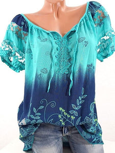 Summer  Polyester  Women  Tie Collar  See-Through  Floral Printed  Short Sleeve Blouses