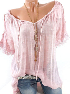 Spring Summer  Polyester  Women Open Shoulder  Decorative Lace Plain Short Sleeve Blouses