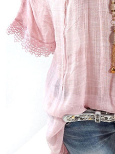 Spring Summer  Polyester  Women Open Shoulder  Decorative Lace Plain Short Sleeve Blouses