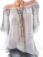 Load image into Gallery viewer, Spring Summer  Polyester  Women Open Shoulder  Decorative Lace Plain Short Sleeve Blouses