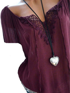 Summer  Polyester  Women  Asymmetric Neck  Decorative Lace  Plain  Short Sleeve Blouses