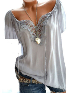 Summer  Polyester  Women  Asymmetric Neck  Decorative Lace  Plain  Short Sleeve Blouses