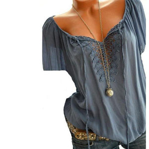 Summer  Polyester  Women  Asymmetric Neck  Decorative Lace  Plain  Short Sleeve Blouses