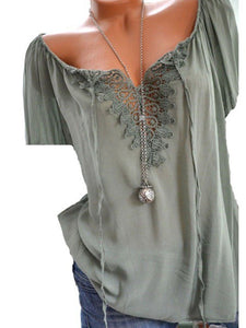 Summer  Polyester  Women  Asymmetric Neck  Decorative Lace  Plain  Short Sleeve Blouses