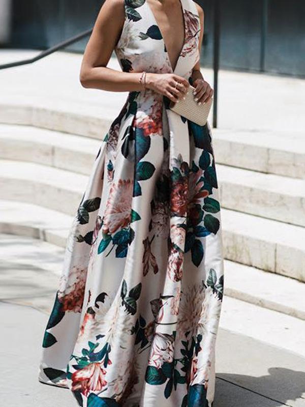 Stylish Floral Print Sleeveless Maxi Dress