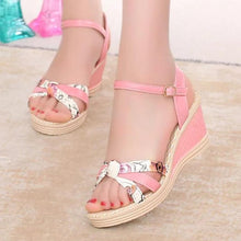 Load image into Gallery viewer, Floral  High Heeled  Ankle Strap  Peep Toe  Date Office Wedge Sandals