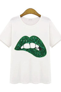 Round Neck Lips Glitter T-Shirts