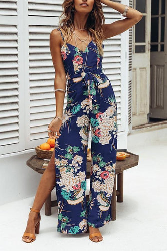 Sexy Blue Floral Print Sleeveless Jumpsuit Rompers