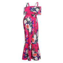 Load image into Gallery viewer, Magenta Floral Ruffle Open Shoulder Maternity Maxi Dress