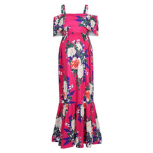 Load image into Gallery viewer, Magenta Floral Ruffle Open Shoulder Maternity Maxi Dress