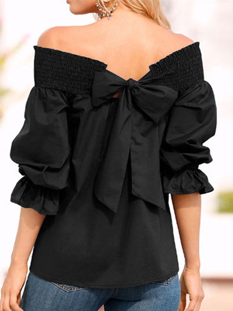 Spring Summer  Polyester  Women  Open Shoulder  Bowknot  Plain  Three-Quarter Sleeve Blouses