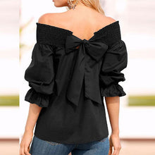 Load image into Gallery viewer, Spring Summer  Polyester  Women  Open Shoulder  Bowknot  Plain  Three-Quarter Sleeve Blouses