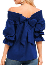 Load image into Gallery viewer, Spring Summer  Polyester  Women  Open Shoulder  Bowknot  Plain  Three-Quarter Sleeve Blouses