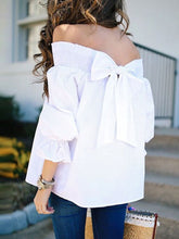 Load image into Gallery viewer, Spring Summer  Polyester  Women  Open Shoulder  Bowknot  Plain  Three-Quarter Sleeve Blouses