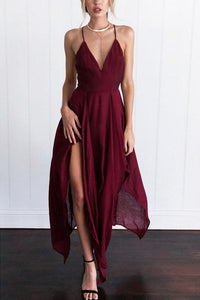 Spaghetti Strap  Asymmetric Hem Backless  Plain  Sleeveless Maxi Dresses