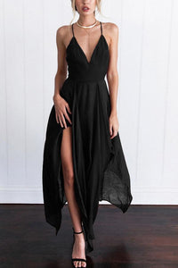 Spaghetti Strap  Asymmetric Hem Backless  Plain  Sleeveless Maxi Dresses