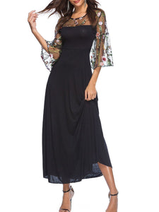 Round Neck  Patchwork  Embroidery Maxi Dress