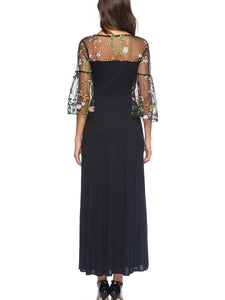 Round Neck  Patchwork  Embroidery Maxi Dress