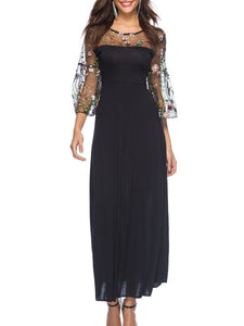 Round Neck  Patchwork  Embroidery Maxi Dress