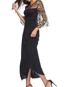 Round Neck  Patchwork  Embroidery Maxi Dress