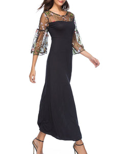 Round Neck  Patchwork  Embroidery Maxi Dress