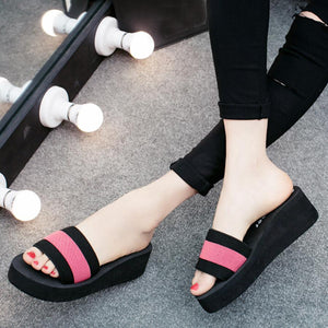 Color Block  Mid Heeled  Peep Toe  Casual Slippers