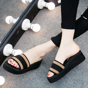 Color Block  Mid Heeled  Peep Toe  Casual Slippers