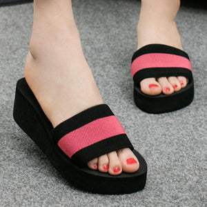 Color Block  Mid Heeled  Peep Toe  Casual Slippers