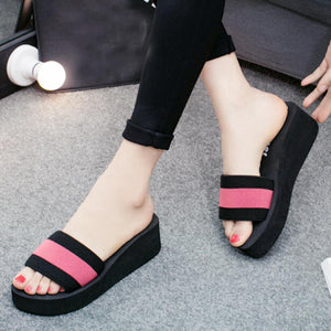 Color Block  Mid Heeled  Peep Toe  Casual Slippers