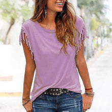 Load image into Gallery viewer, Casual Round Collar Pure Color Tassel Short Sleeve Shirt