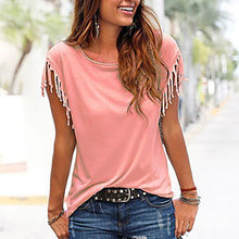 Load image into Gallery viewer, Casual Round Collar Pure Color Tassel Short Sleeve Shirt