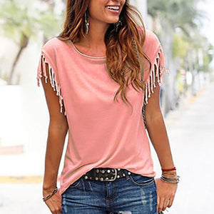 Casual Round Collar Pure Color Tassel Short Sleeve Shirt