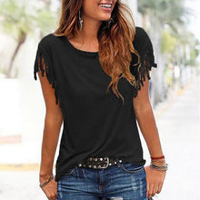 Load image into Gallery viewer, Casual Round Collar Pure Color Tassel Short Sleeve Shirt