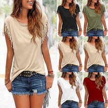 Load image into Gallery viewer, Casual Round Collar Pure Color Tassel Short Sleeve Shirt