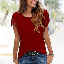 Load image into Gallery viewer, Casual Round Collar Pure Color Tassel Short Sleeve Shirt