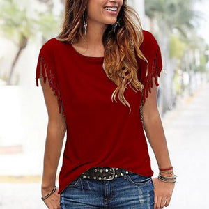 Casual Round Collar Pure Color Tassel Short Sleeve Shirt