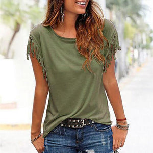 Casual Round Collar Pure Color Tassel Short Sleeve Shirt