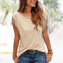 Load image into Gallery viewer, Casual Round Collar Pure Color Tassel Short Sleeve Shirt