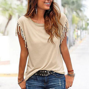 Casual Round Collar Pure Color Tassel Short Sleeve Shirt