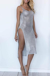 Spaghetti Strap  High Slit See Through  Plain  Sleeveless Bodycon Dresses