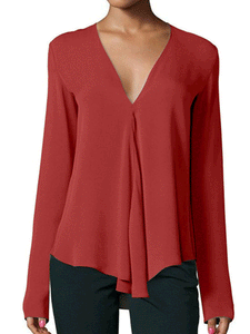 V Neck  Asymmetric Hem  Plain Blouses