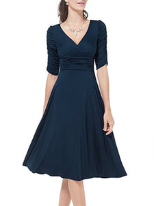 V Neck  Plain Skater Dress