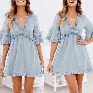 Sexy Light Blue V Neck Short Sleeves Mini Dress