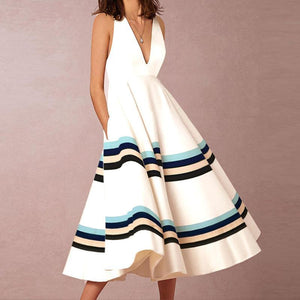 Sexy V-Neck Printed Stripe Sleeveless Formal Skater Dress