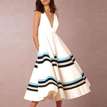 Load image into Gallery viewer, Sexy V-Neck Printed Stripe Sleeveless Formal Skater Dress